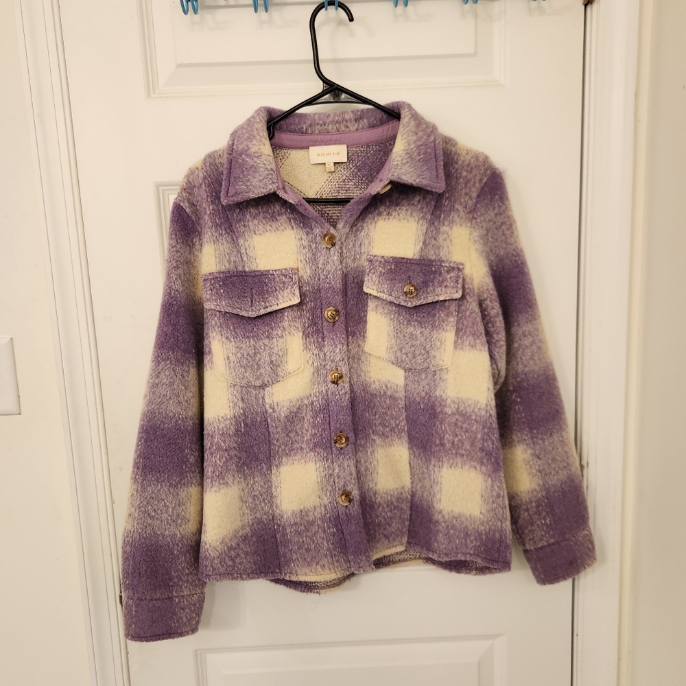 Skies Are Blue Purple Plaid Flannel Fuzzy Shirt Jacket Size XS Womens #B1061